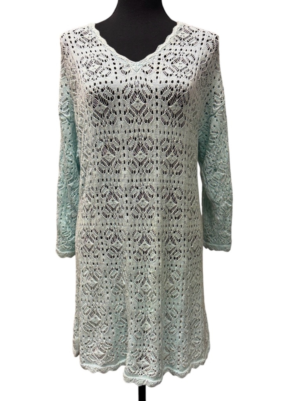 Modern Soul Light Blue Aqua Crochet Lace Knit V-Neck Tunic Dress Size L